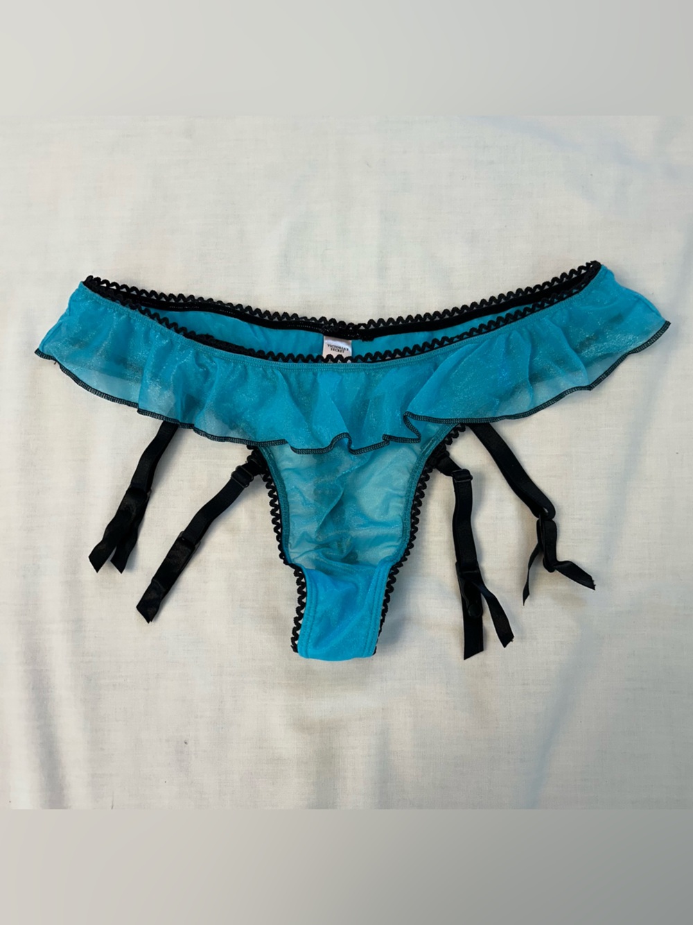 Y2K Ruffle Trim Blue Mesh Thong Underwear w Garter Straps by Victoria’s Secret